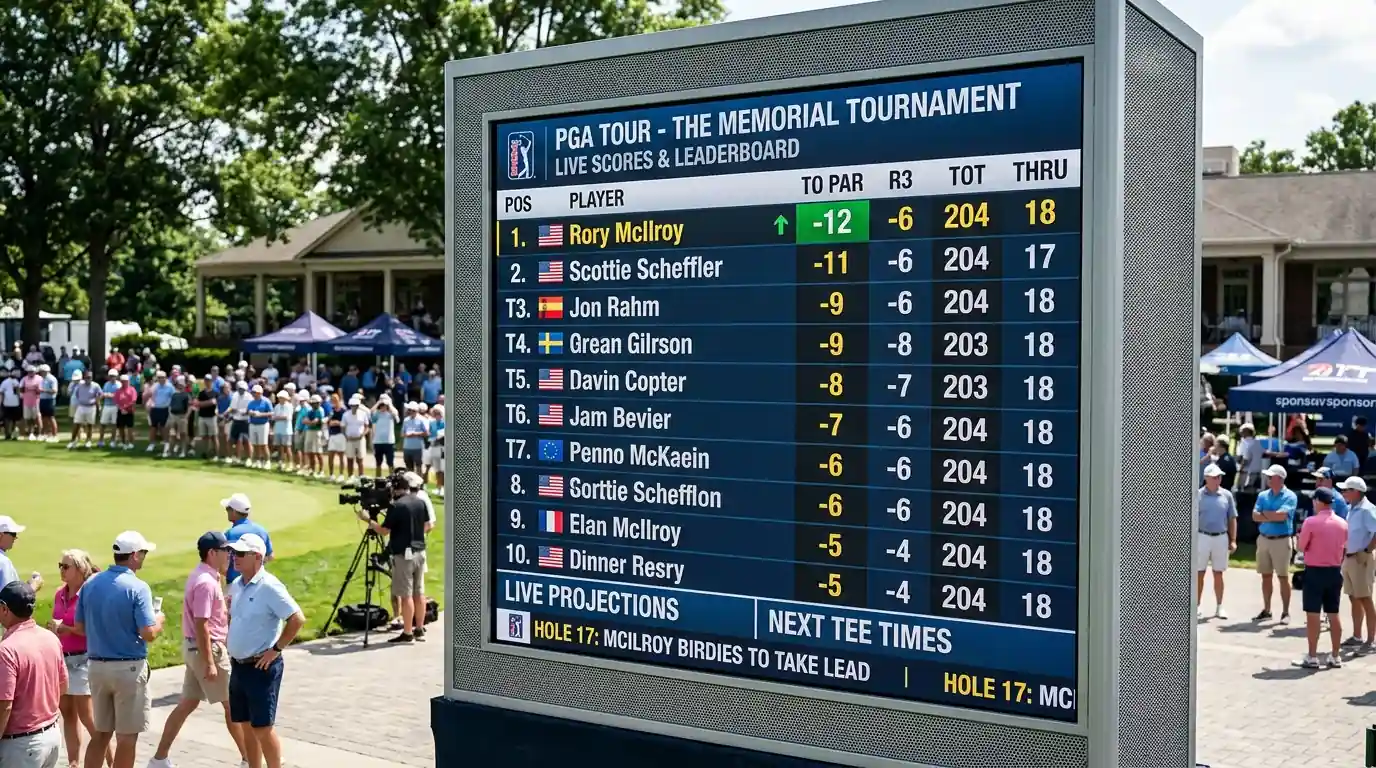 Pantalla de marcador de golf mostrando posiciones de jugadores en tiempo real