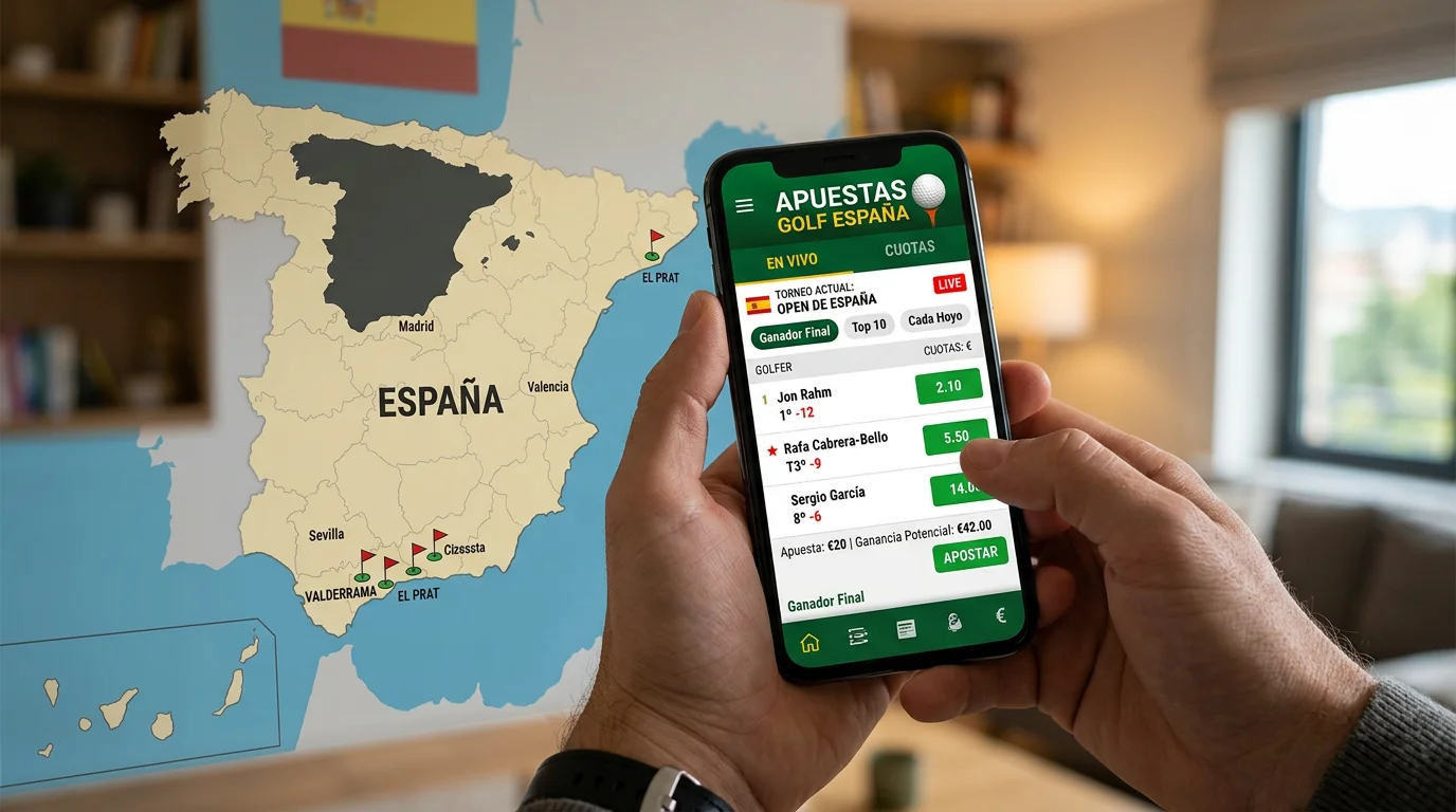 Smartphone mostrando aplicación de apuestas de golf con mapa de España de fondo