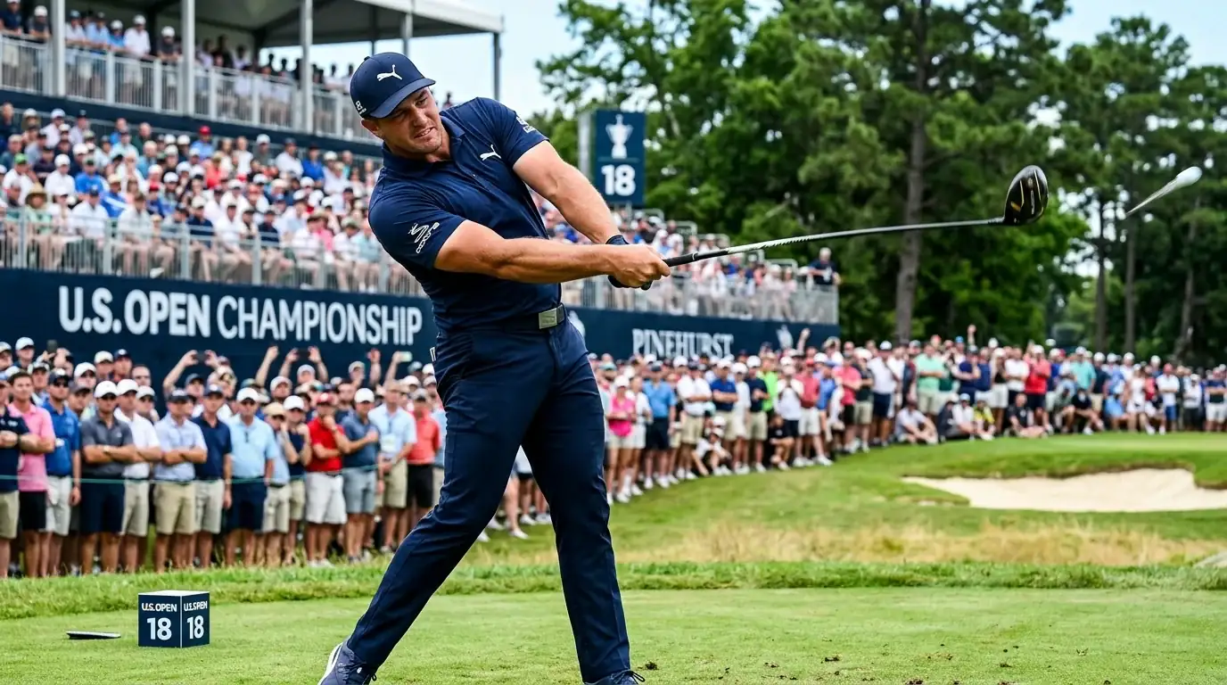 Bryson DeChambeau ejecutando un drive potente en un torneo de golf