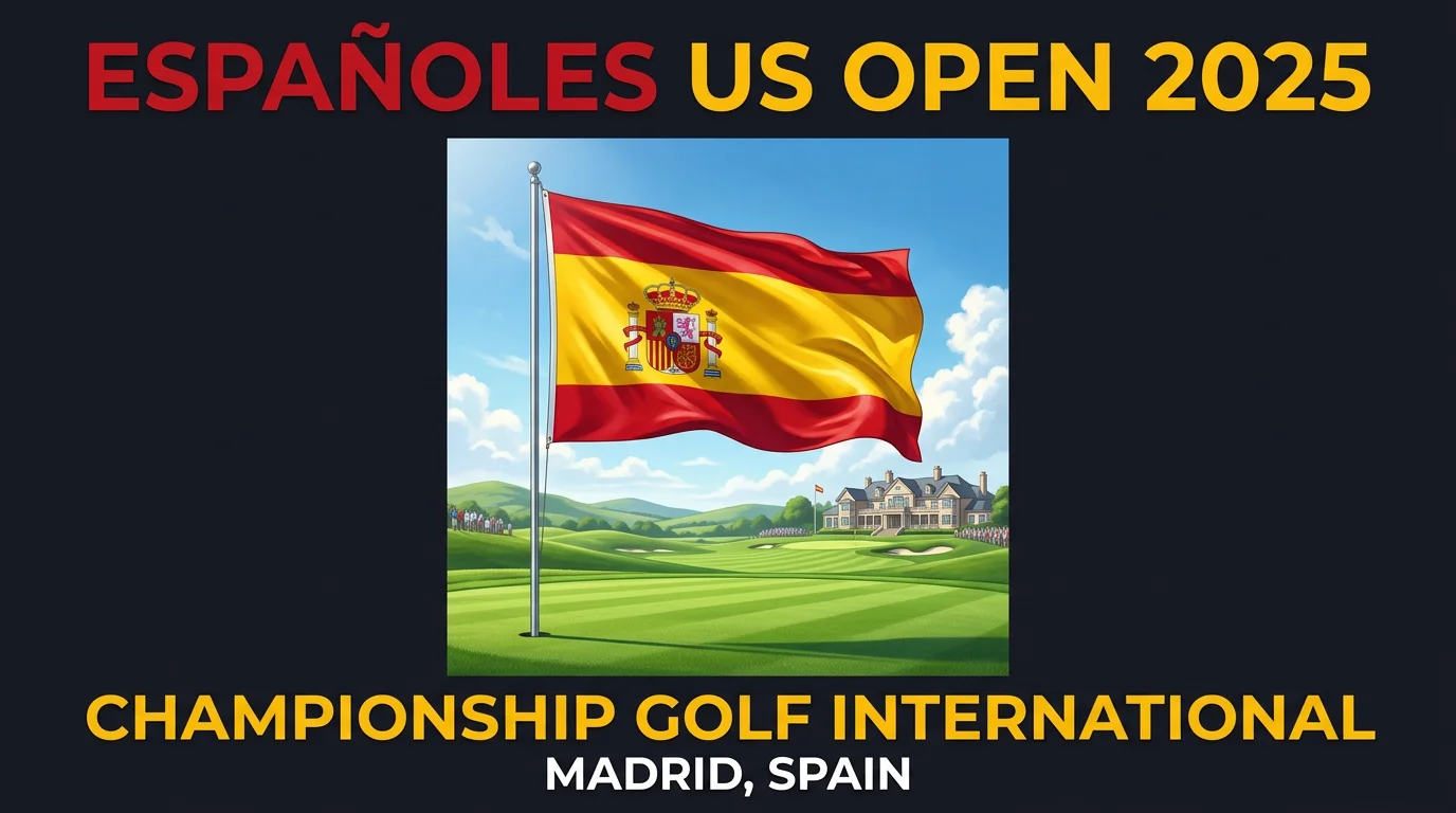 Bandera de España ondeando junto a un campo de golf profesional