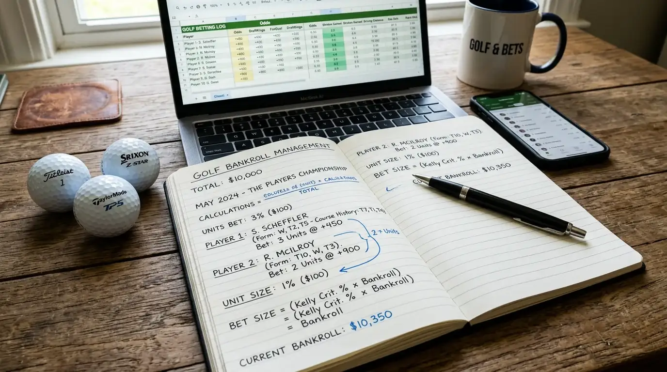 Libreta con cálculos de apuestas junto a pelotas de golf sobre escritorio