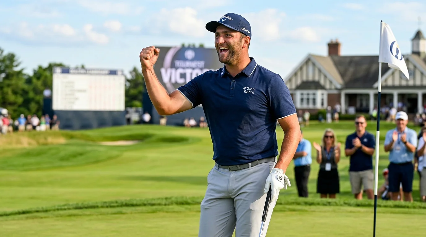 Jon Rahm celebrando con el puño en alto durante un torneo de golf