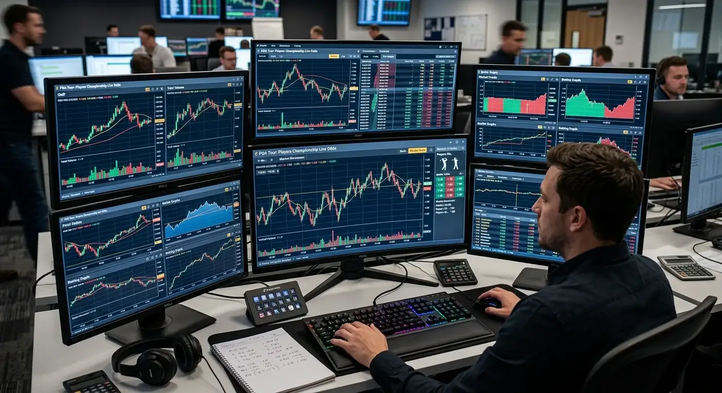 Múltiples pantallas mostrando gráficos de trading de apuestas deportivas
