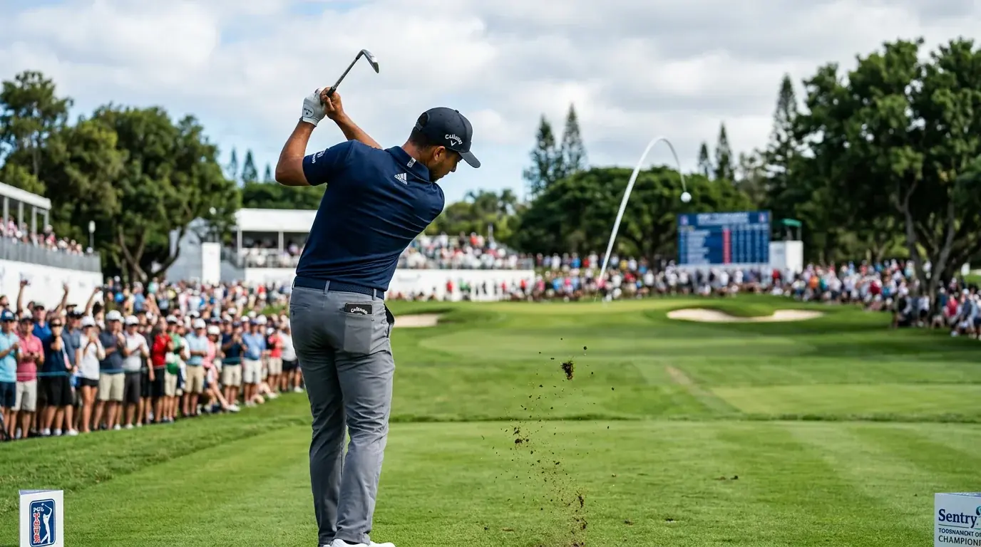 Xander Schauffele ejecutando un swing de golf en un campo profesional